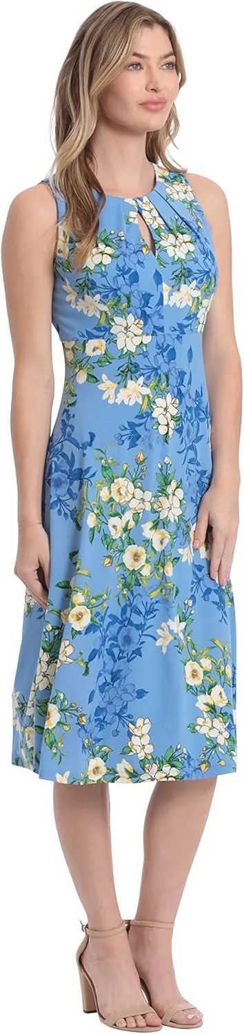 London Times Women's Dresses Sleeveless Fit and Flare Dress with Pleat Tucks and Keyhole Detail at Neck