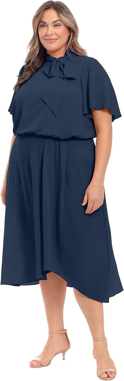 London Times Women's Flutter Sleeve Tie Neck Blouson High Low Midi Dress
