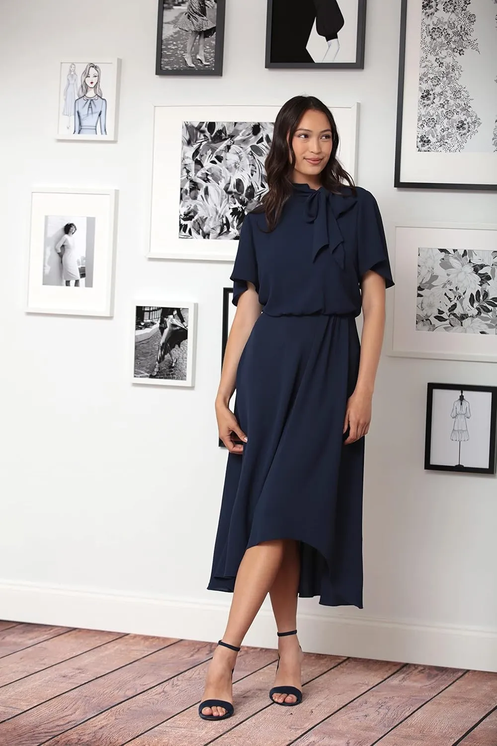 London Times Women's Flutter Sleeve Tie Neck Blouson High Low Midi Dress