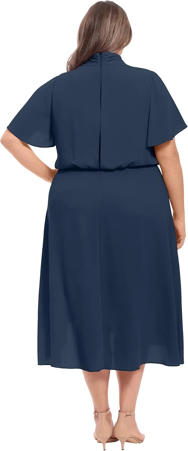 London Times Women's Flutter Sleeve Tie Neck Blouson High Low Midi Dress