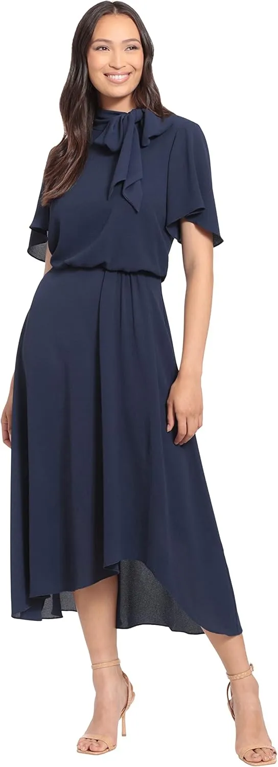 London Times Women's Flutter Sleeve Tie Neck Blouson High Low Midi Dress