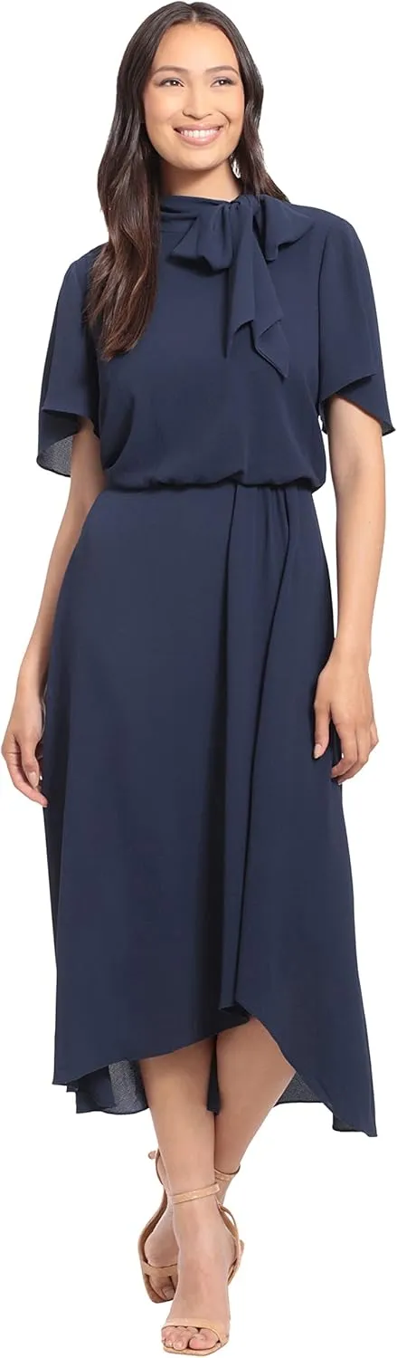 London Times Women's Flutter Sleeve Tie Neck Blouson High Low Midi Dress