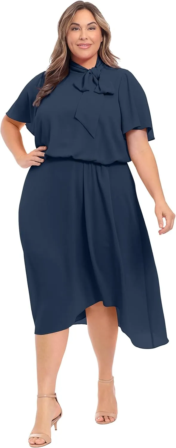 London Times Women's Flutter Sleeve Tie Neck Blouson High Low Midi Dress