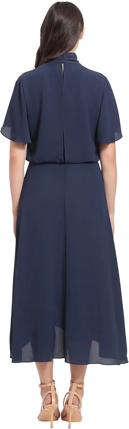 London Times Women's Flutter Sleeve Tie Neck Blouson High Low Midi Dress