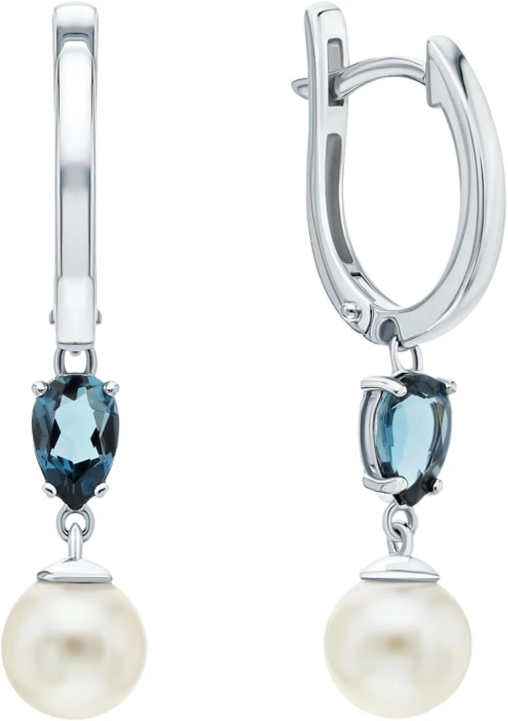 London Topaz Gemstones (1.68ct) with Pearl Drop Earrings, 14K Gold Dangle Hoop Earrings, Delicate Bridal Huggies Earrings, Gift for Wife.