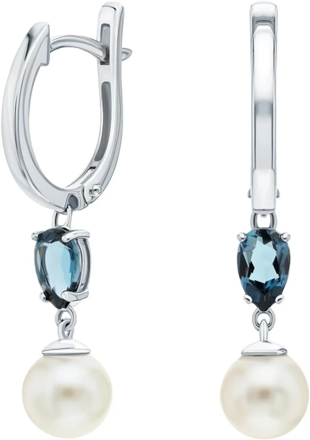 London Topaz Gemstones (1.68ct) with Pearl Drop Earrings, 14K Gold Dangle Hoop Earrings, Delicate Bridal Huggies Earrings, Gift for Wife.