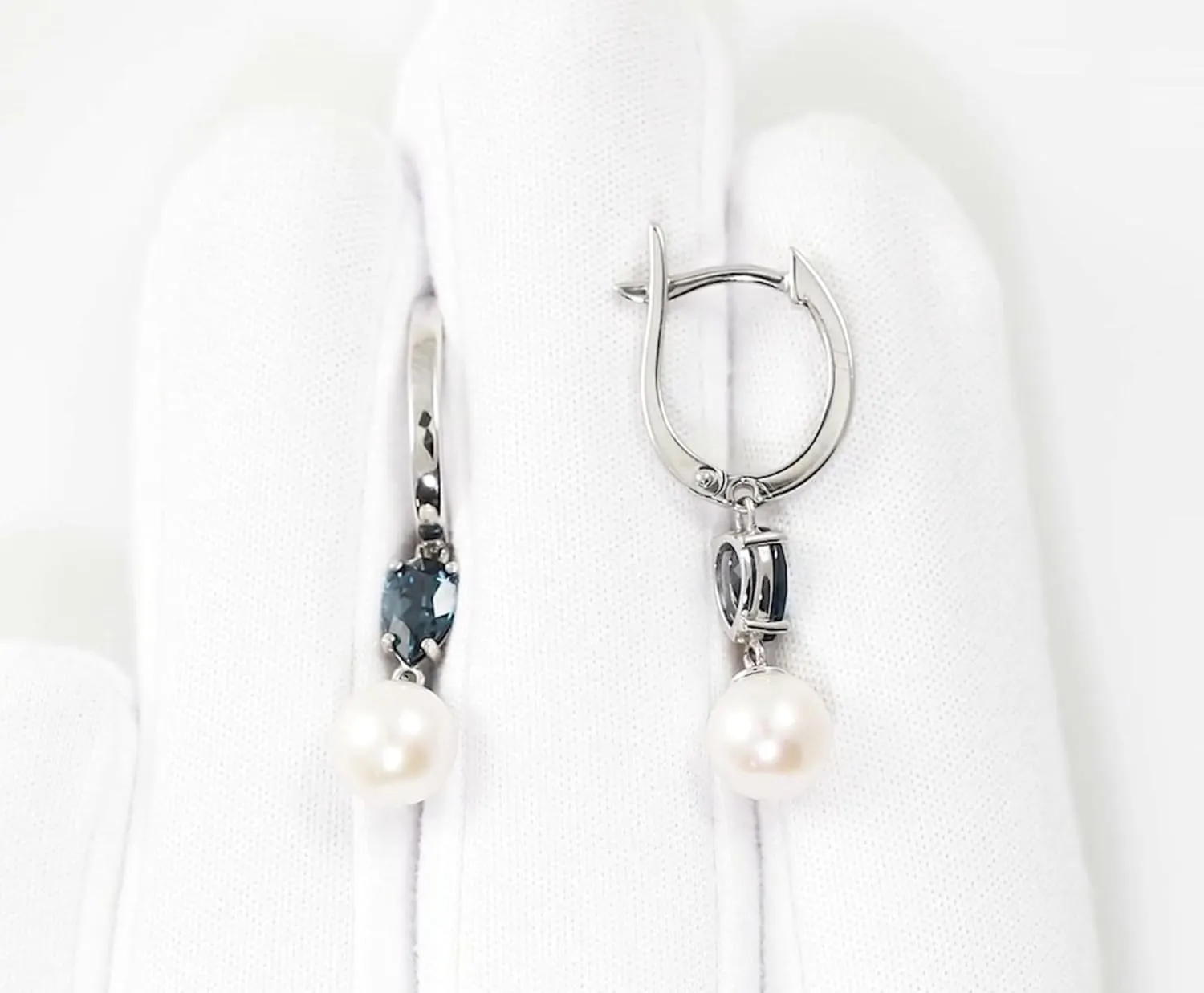 London Topaz Gemstones (1.68ct) with Pearl Drop Earrings, 14K Gold Dangle Hoop Earrings, Delicate Bridal Huggies Earrings, Gift for Wife.