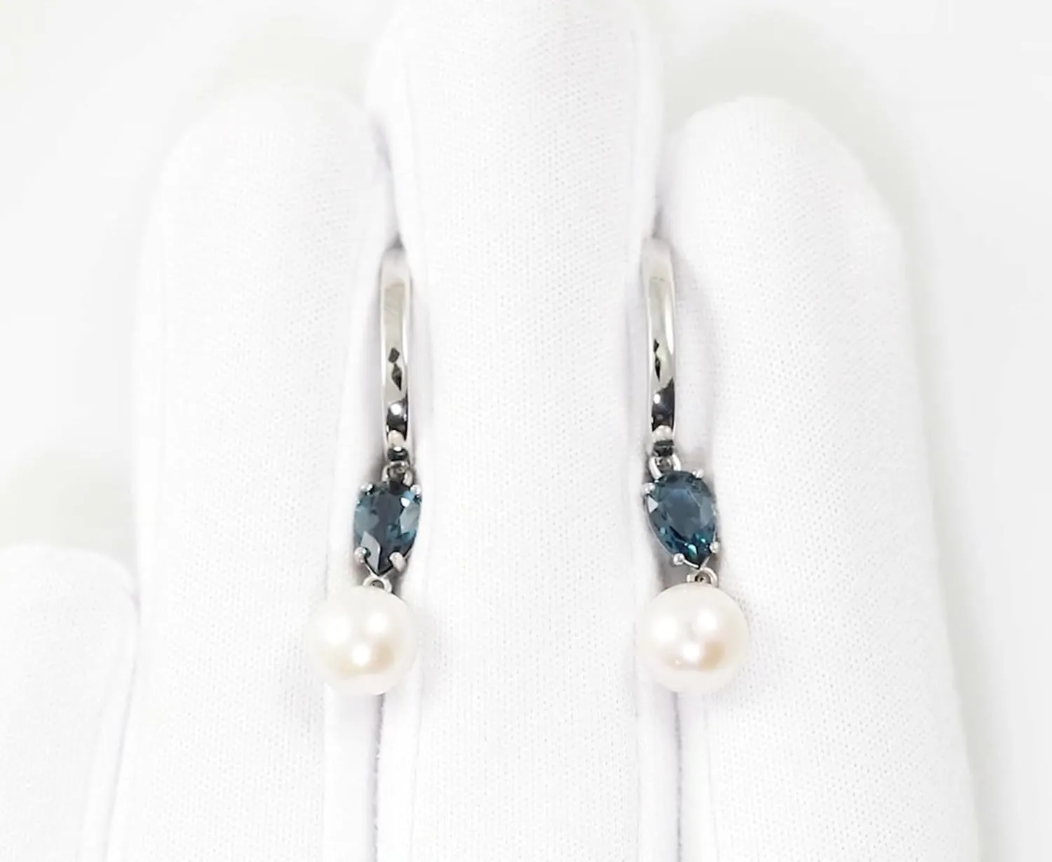 London Topaz Gemstones (1.68ct) with Pearl Drop Earrings, 14K Gold Dangle Hoop Earrings, Delicate Bridal Huggies Earrings, Gift for Wife.