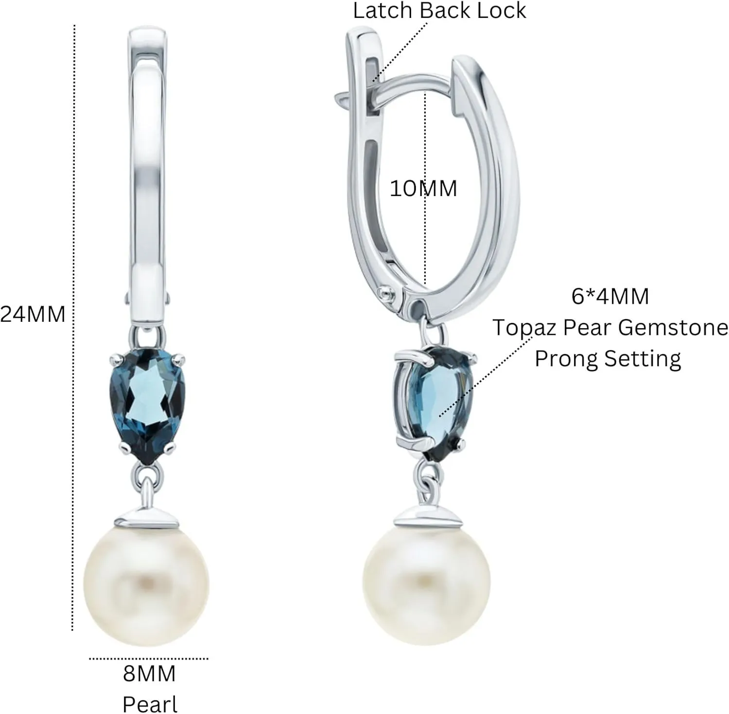 London Topaz Gemstones (1.68ct) with Pearl Drop Earrings, 14K Gold Dangle Hoop Earrings, Delicate Bridal Huggies Earrings, Gift for Wife.