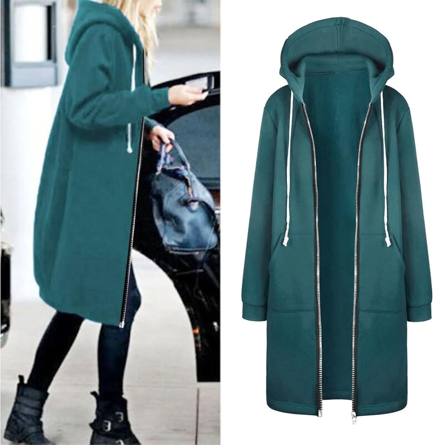 Long Hoodie for Women 2024 Casual Zip Up Drawstring Fleece Sweatshirt Oversized Jackets Coat Lightweight Fall Clothes