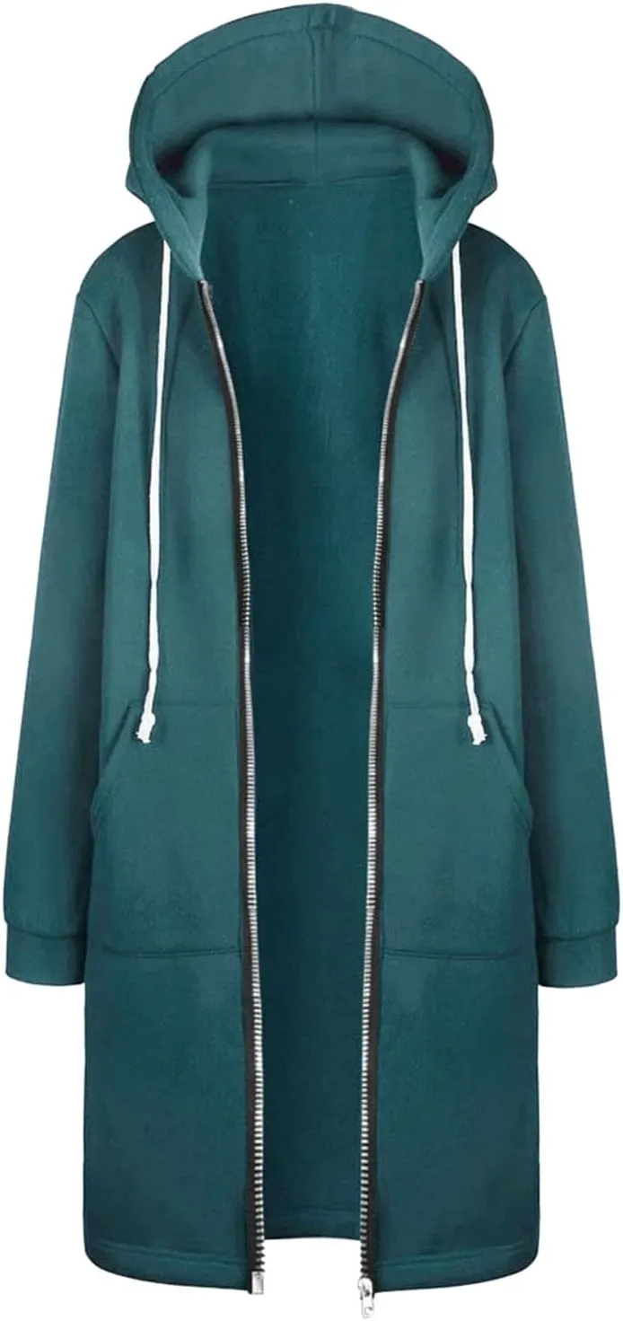 Long Hoodie for Women 2024 Casual Zip Up Drawstring Fleece Sweatshirt Oversized Jackets Coat Lightweight Fall Clothes