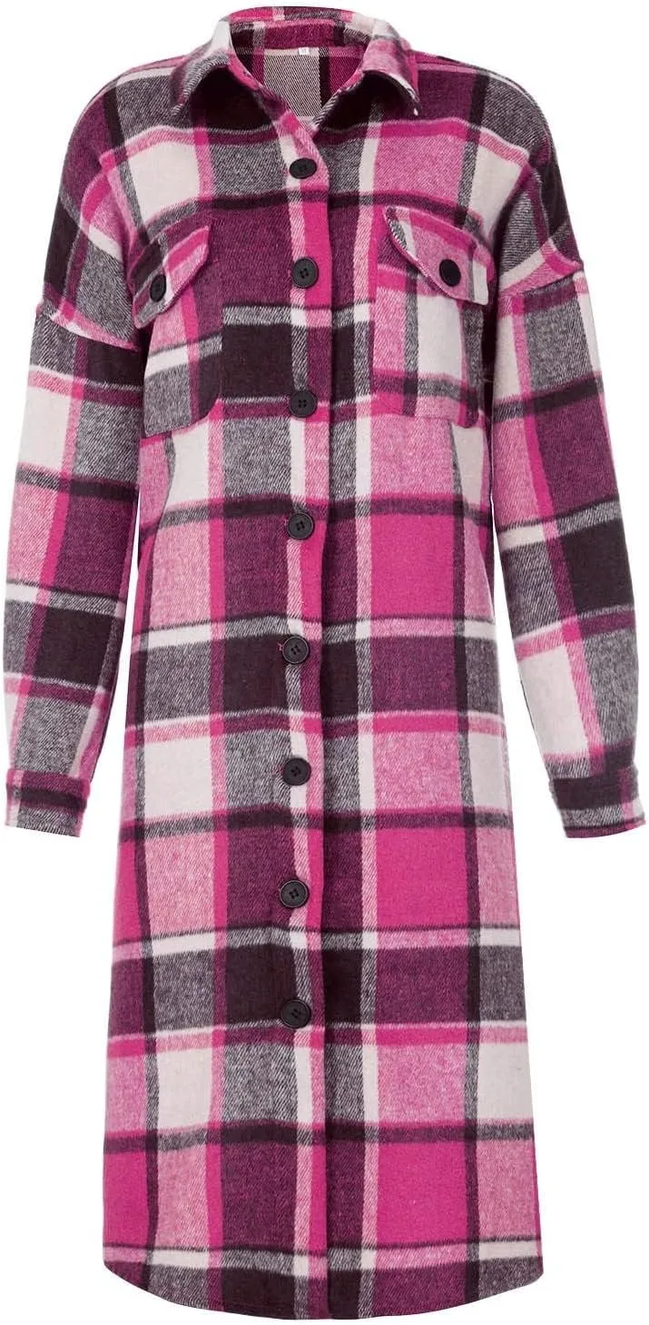 Long Jackets for Women Flannel Plaid Shacket Coat Oversized Button Down Long Shirt Jacket Fall Spring Trench Coat
