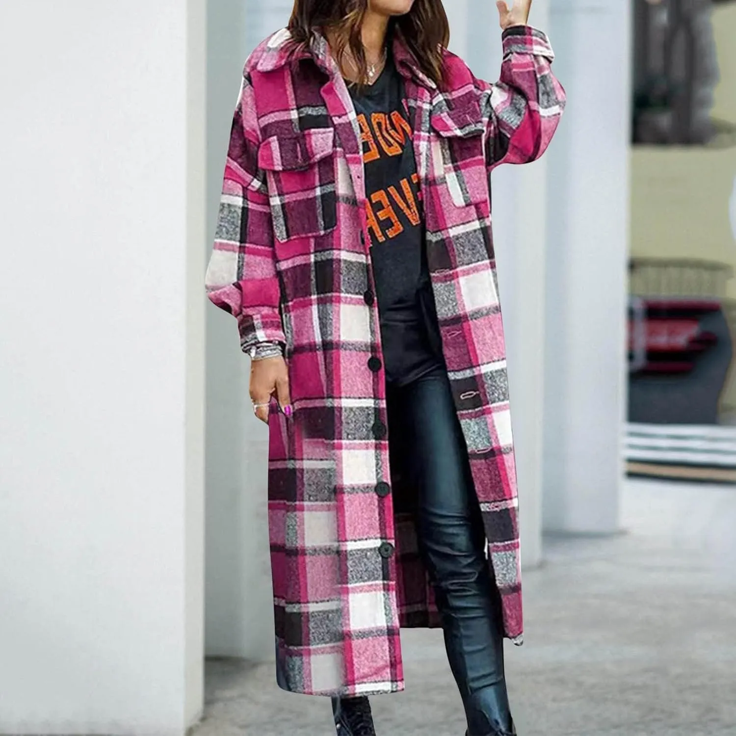 Long Jackets for Women Flannel Plaid Shacket Coat Oversized Button Down Long Shirt Jacket Fall Spring Trench Coat