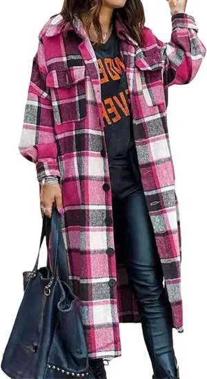 Long Jackets for Women Flannel Plaid Shacket Coat Oversized Button Down Long Shirt Jacket Fall Spring Trench Coat