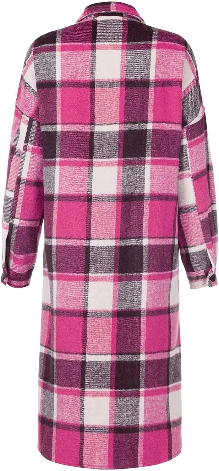 Long Jackets for Women Flannel Plaid Shacket Coat Oversized Button Down Long Shirt Jacket Fall Spring Trench Coat