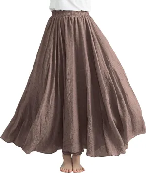 Long Skirts for Women Trendy Vacation Soft Flowy Beach Linen Maxi Skirt Full Length Elastic High Waisted Boho Skirt