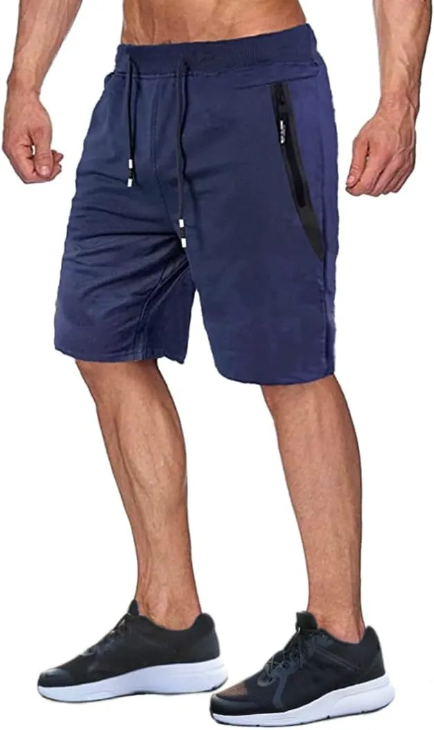 LOUECHY Men's Athletic Running Shorts Cotton Sweat Shorts Gym Workout Shorts with Zipper Pockets