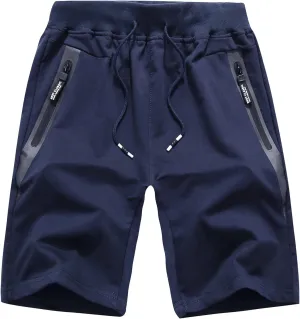 LOUECHY Men's Athletic Running Shorts Cotton Sweat Shorts Gym Workout Shorts with Zipper Pockets