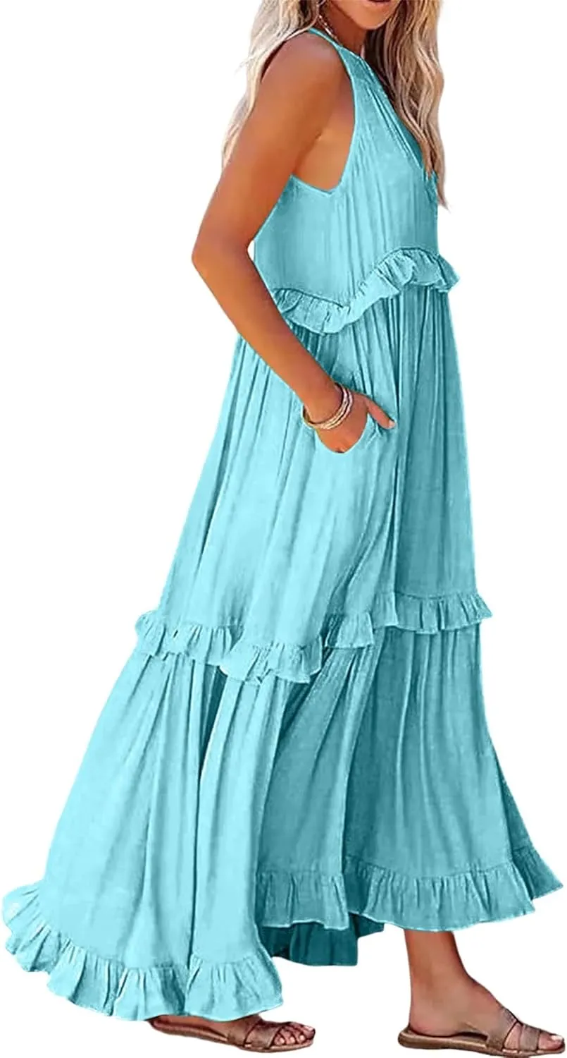 loveimgs Women's Summer Sleeveless Halter Neck Tiered Dress Flowy Ruffle Long Beach Maxi Dress Sundress