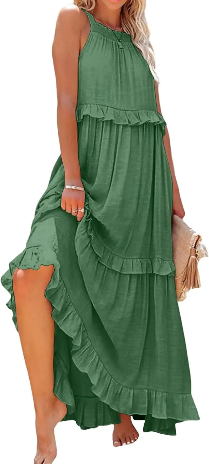 loveimgs Women's Summer Sleeveless Halter Neck Tiered Dress Flowy Ruffle Long Beach Maxi Dress Sundress