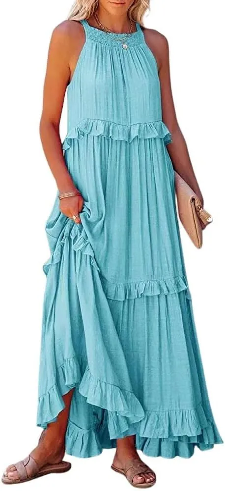 loveimgs Women's Summer Sleeveless Halter Neck Tiered Dress Flowy Ruffle Long Beach Maxi Dress Sundress