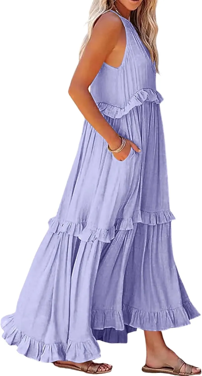 loveimgs Women's Summer Sleeveless Halter Neck Tiered Dress Flowy Ruffle Long Beach Maxi Dress Sundress