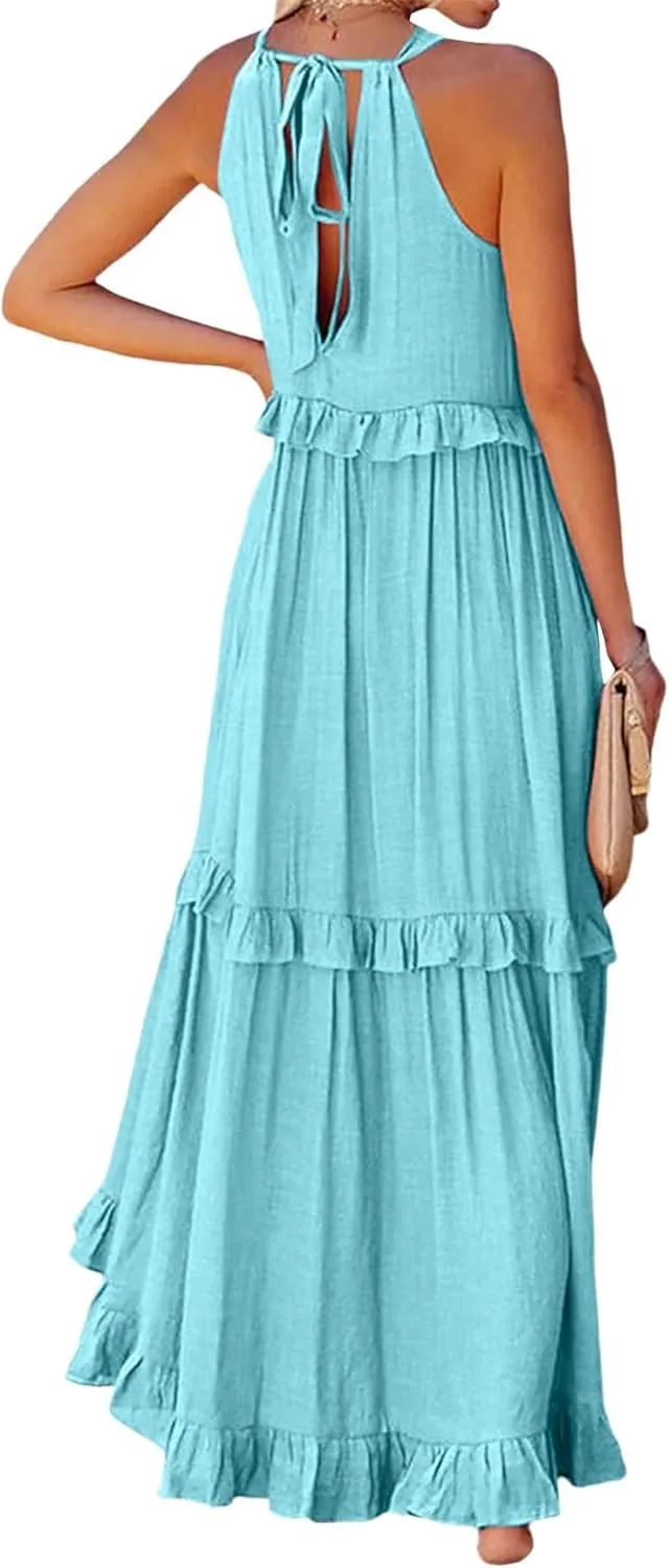 loveimgs Women's Summer Sleeveless Halter Neck Tiered Dress Flowy Ruffle Long Beach Maxi Dress Sundress
