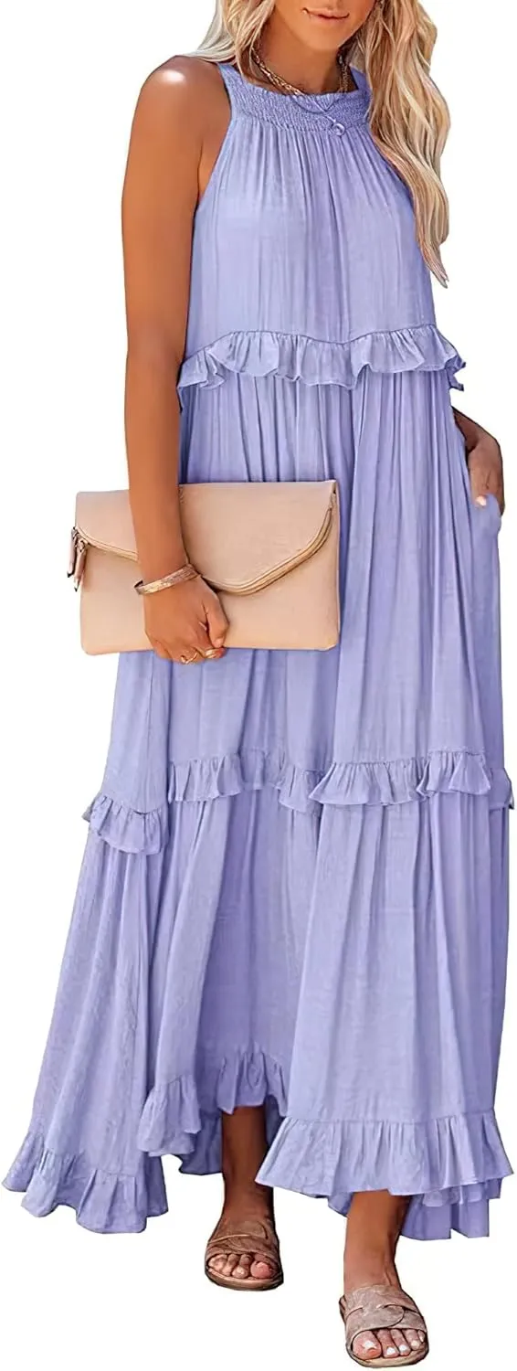 loveimgs Women's Summer Sleeveless Halter Neck Tiered Dress Flowy Ruffle Long Beach Maxi Dress Sundress
