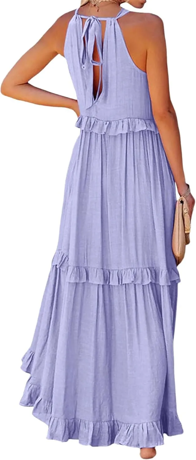 loveimgs Women's Summer Sleeveless Halter Neck Tiered Dress Flowy Ruffle Long Beach Maxi Dress Sundress