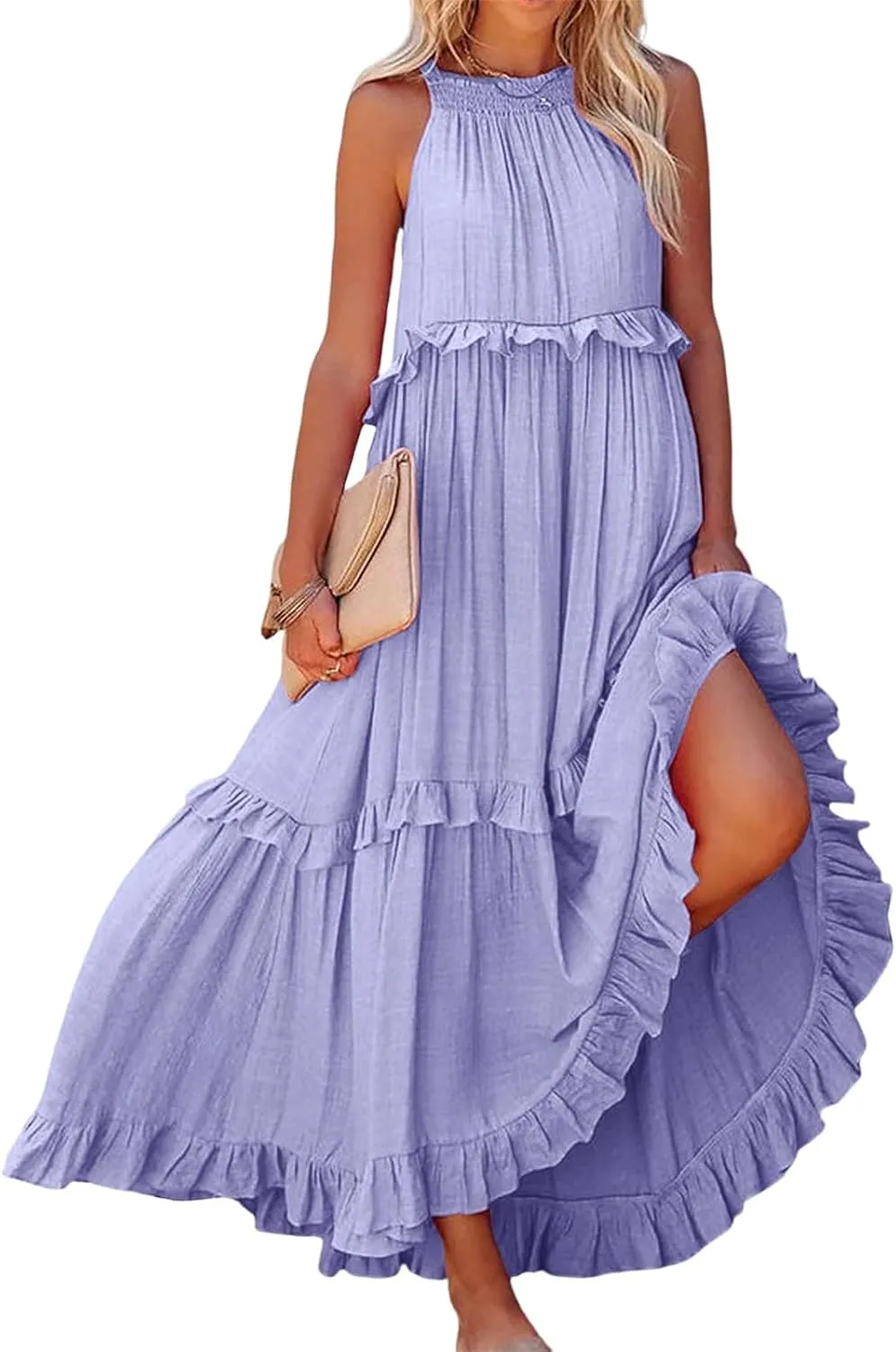 loveimgs Women's Summer Sleeveless Halter Neck Tiered Dress Flowy Ruffle Long Beach Maxi Dress Sundress