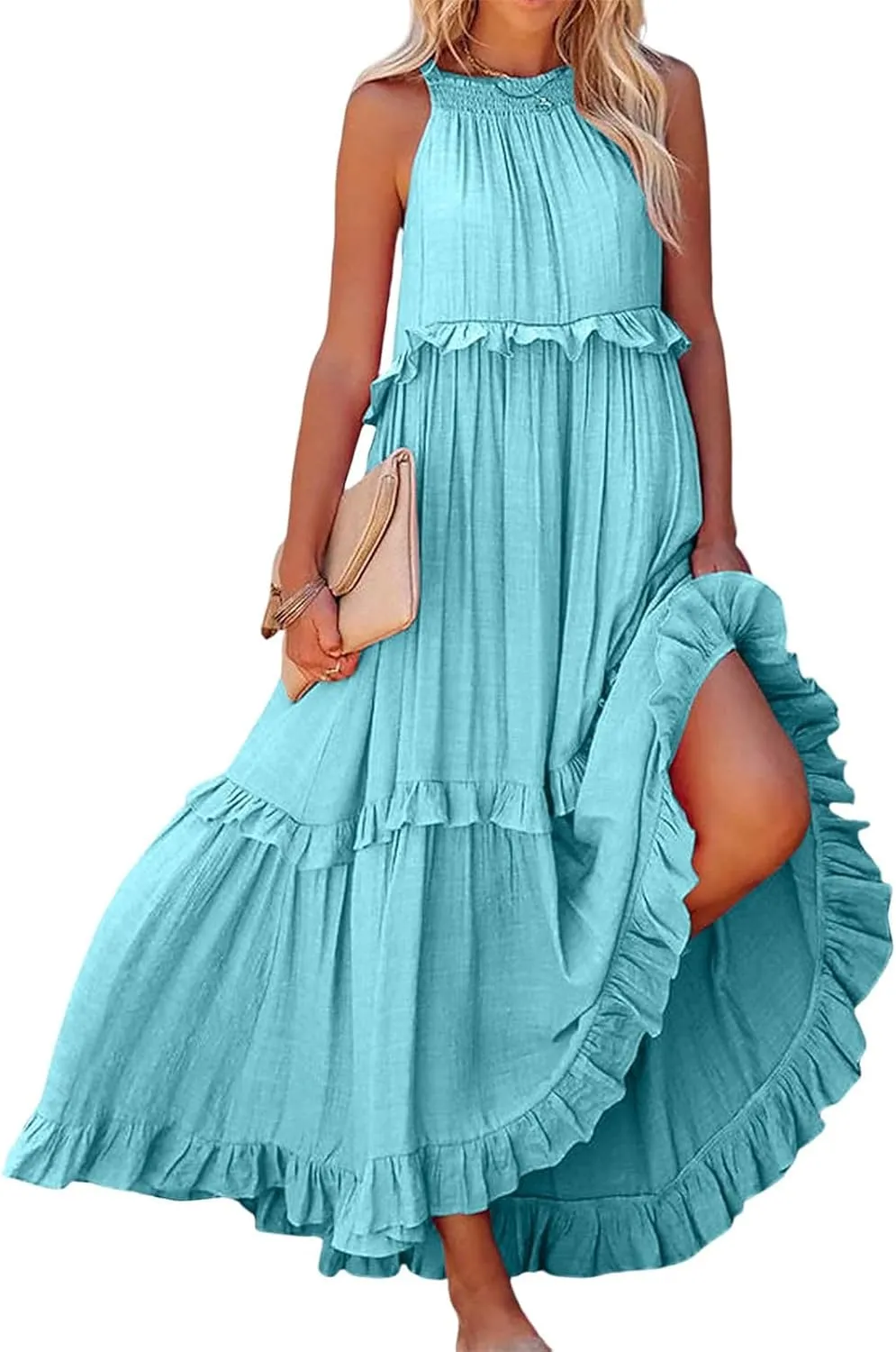 loveimgs Women's Summer Sleeveless Halter Neck Tiered Dress Flowy Ruffle Long Beach Maxi Dress Sundress