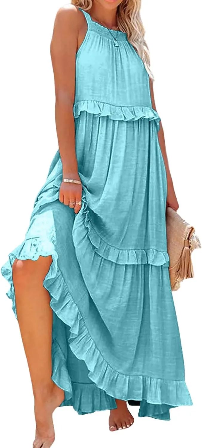 loveimgs Women's Summer Sleeveless Halter Neck Tiered Dress Flowy Ruffle Long Beach Maxi Dress Sundress
