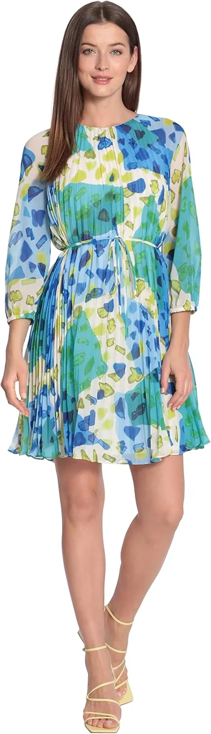 Maggy London Women's Jewel Neck Spaghetti Waist Tie Pleated Dress with 3/4 Sleeves