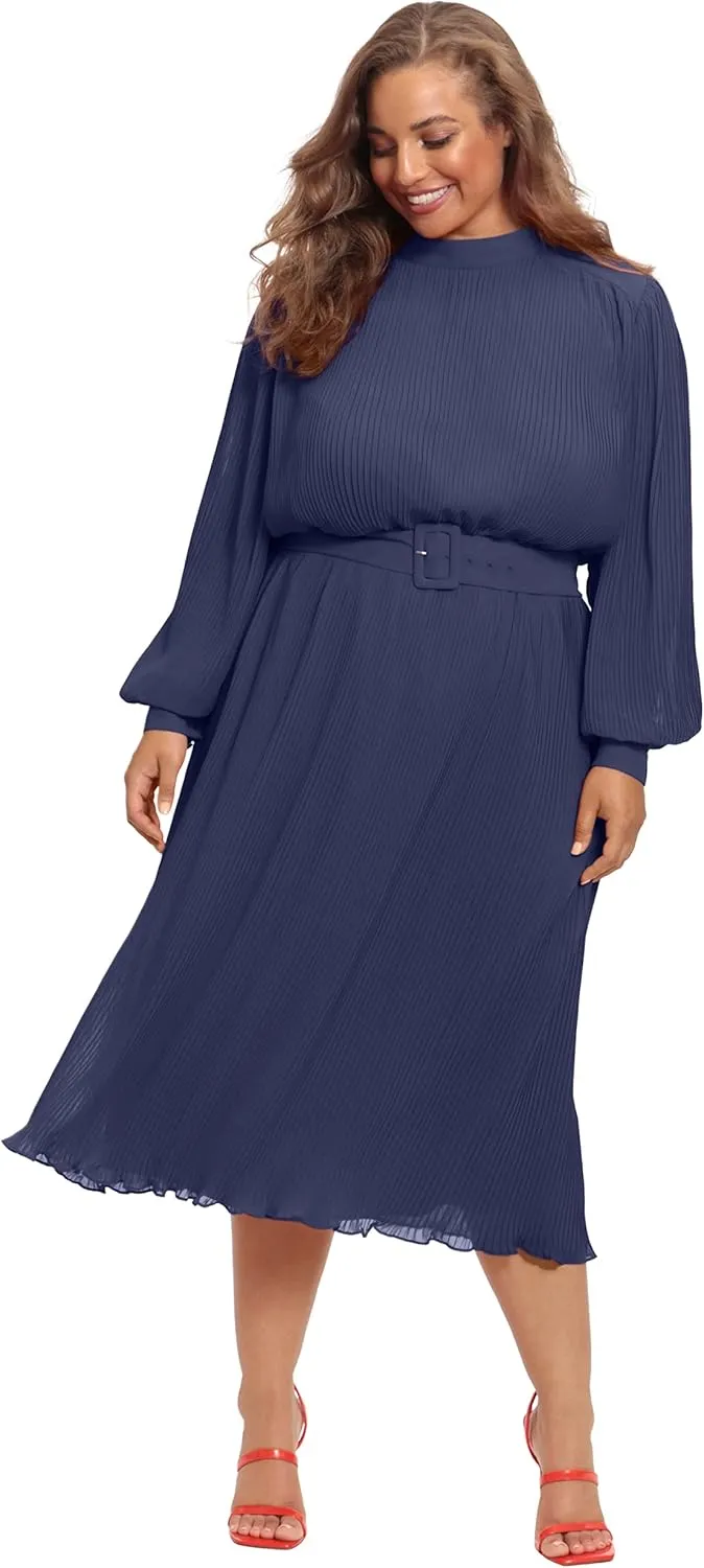 Maggy London Women's Mock Neck Pleated Georgette Dress with Belt