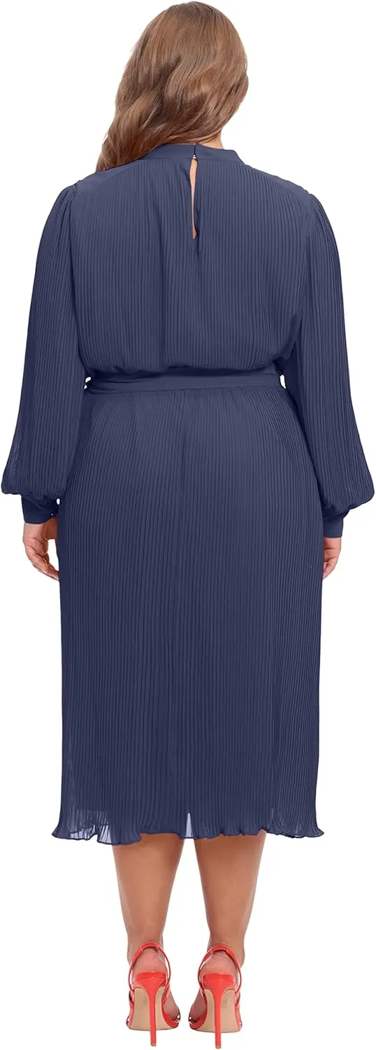 Maggy London Women's Mock Neck Pleated Georgette Dress with Belt