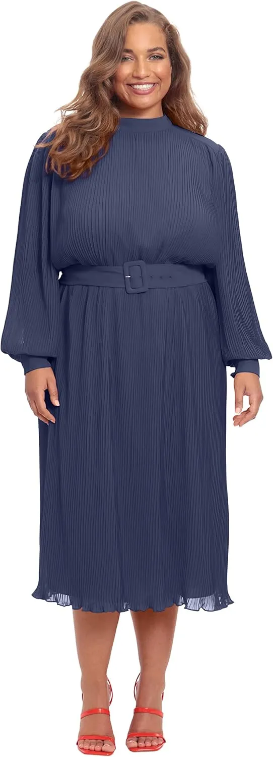 Maggy London Women's Mock Neck Pleated Georgette Dress with Belt