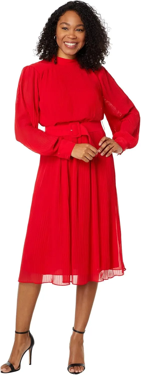 Maggy London Women's Mock Neck Pleated Georgette Dress with Belt