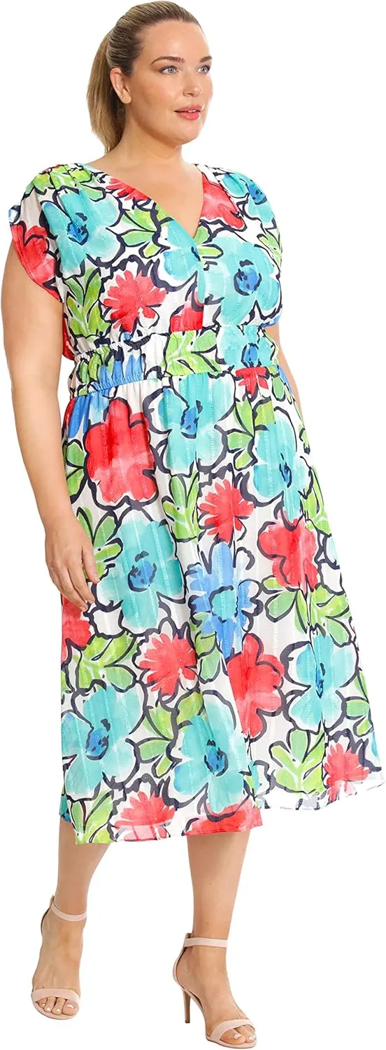 Maggy London Women's Sleeveless V-Neck Floral Printed Ribbon Stripe Dress Day Party Event Date Guest of