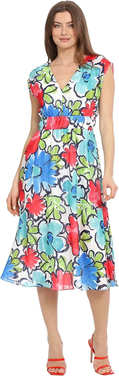 Maggy London Women's Sleeveless V-Neck Floral Printed Ribbon Stripe Dress Day Party Event Date Guest of