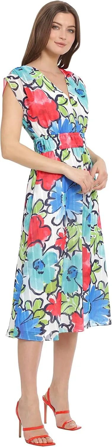 Maggy London Women's Sleeveless V-Neck Floral Printed Ribbon Stripe Dress Day Party Event Date Guest of