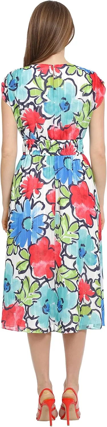 Maggy London Women's Sleeveless V-Neck Floral Printed Ribbon Stripe Dress Day Party Event Date Guest of