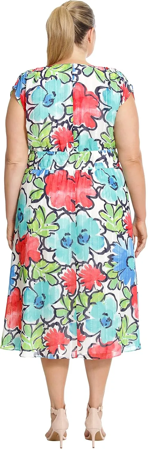 Maggy London Women's Sleeveless V-Neck Floral Printed Ribbon Stripe Dress Day Party Event Date Guest of