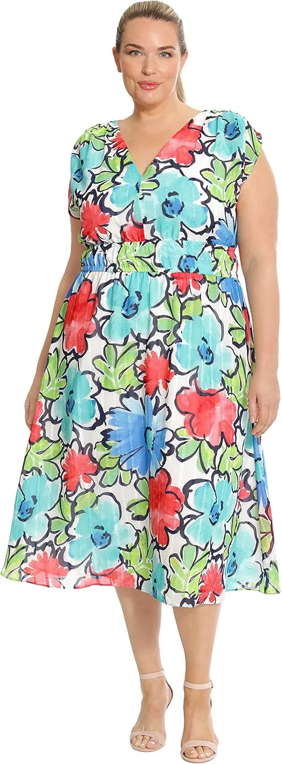 Maggy London Women's Sleeveless V-Neck Floral Printed Ribbon Stripe Dress Day Party Event Date Guest of
