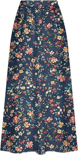 Maxi Skirts for Women Summer Trendy Hawaiian Floral Long Skirt Casual Ruffle A Line Beach Midi Skirt with Pockets