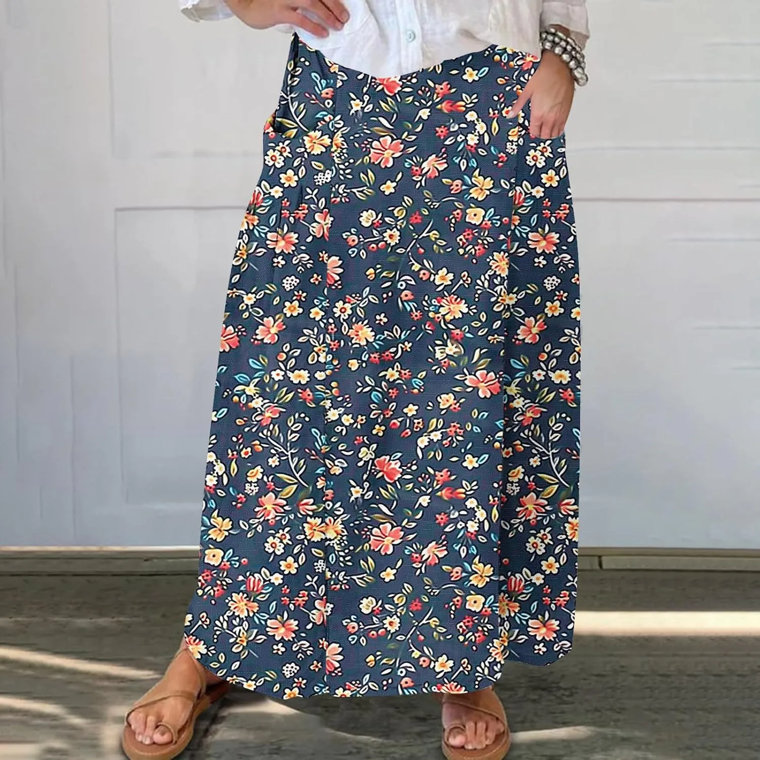 Maxi Skirts for Women Summer Trendy Hawaiian Floral Long Skirt Casual Ruffle A Line Beach Midi Skirt with Pockets