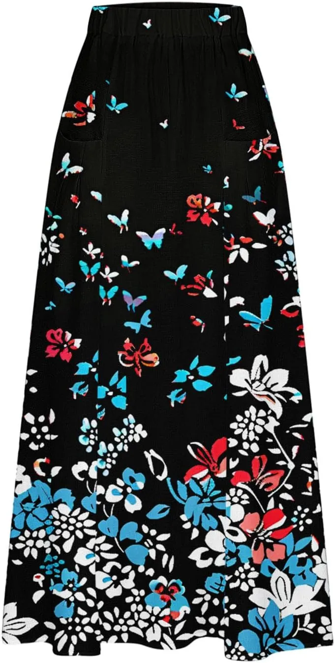 Maxi Skirts for Women Summer Trendy Hawaiian Floral Long Skirt Casual Ruffle A Line Beach Midi Skirt with Pockets