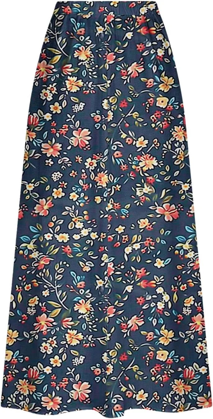Maxi Skirts for Women Summer Trendy Hawaiian Floral Long Skirt Casual Ruffle A Line Beach Midi Skirt with Pockets