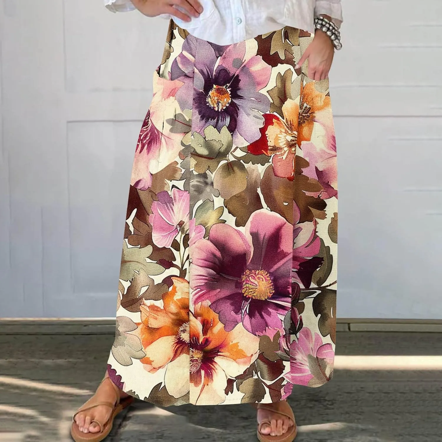 Maxi Skirts for Women Summer Trendy Hawaiian Floral Long Skirt Casual Ruffle A Line Beach Midi Skirt with Pockets