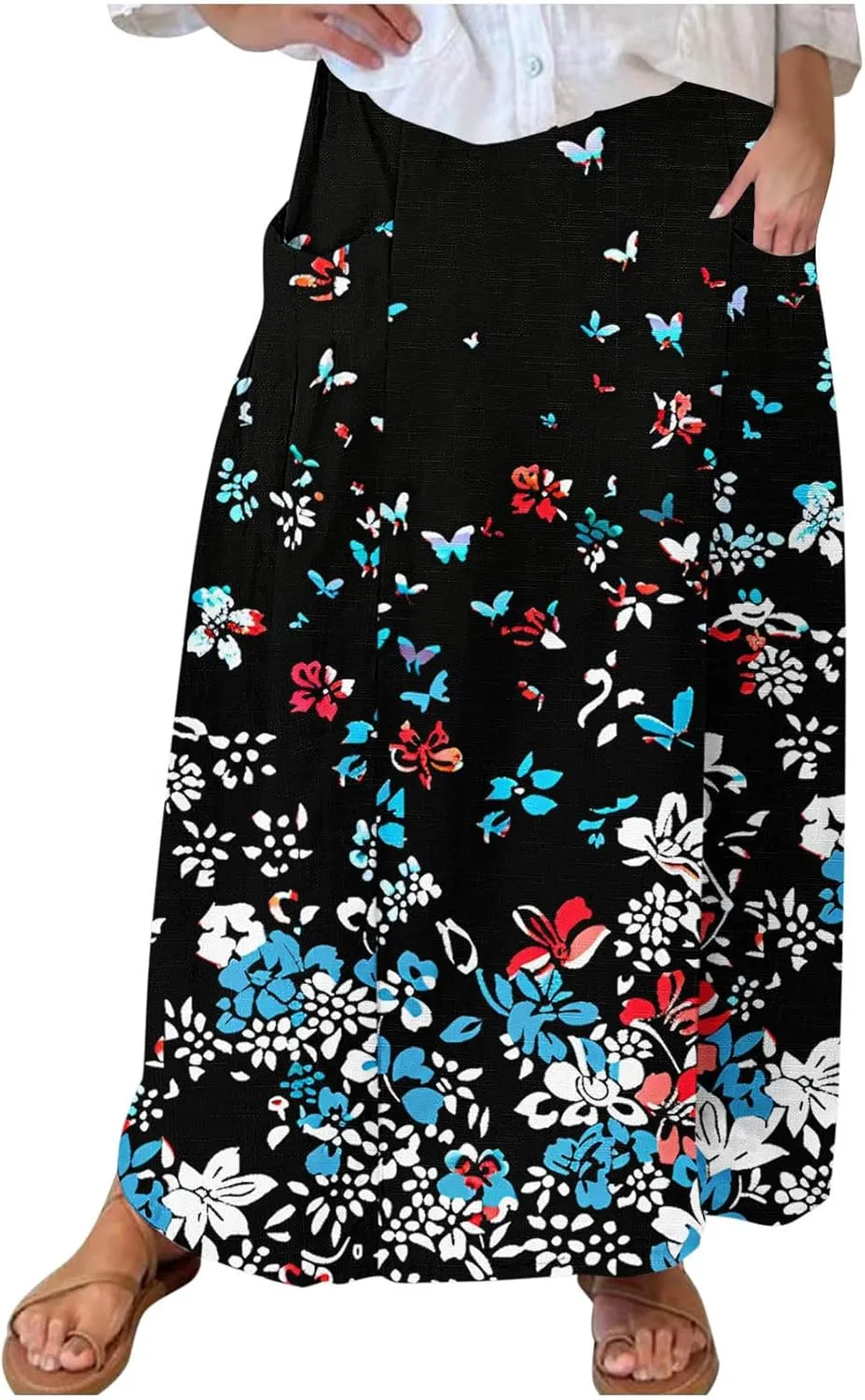 Maxi Skirts for Women Summer Trendy Hawaiian Floral Long Skirt Casual Ruffle A Line Beach Midi Skirt with Pockets