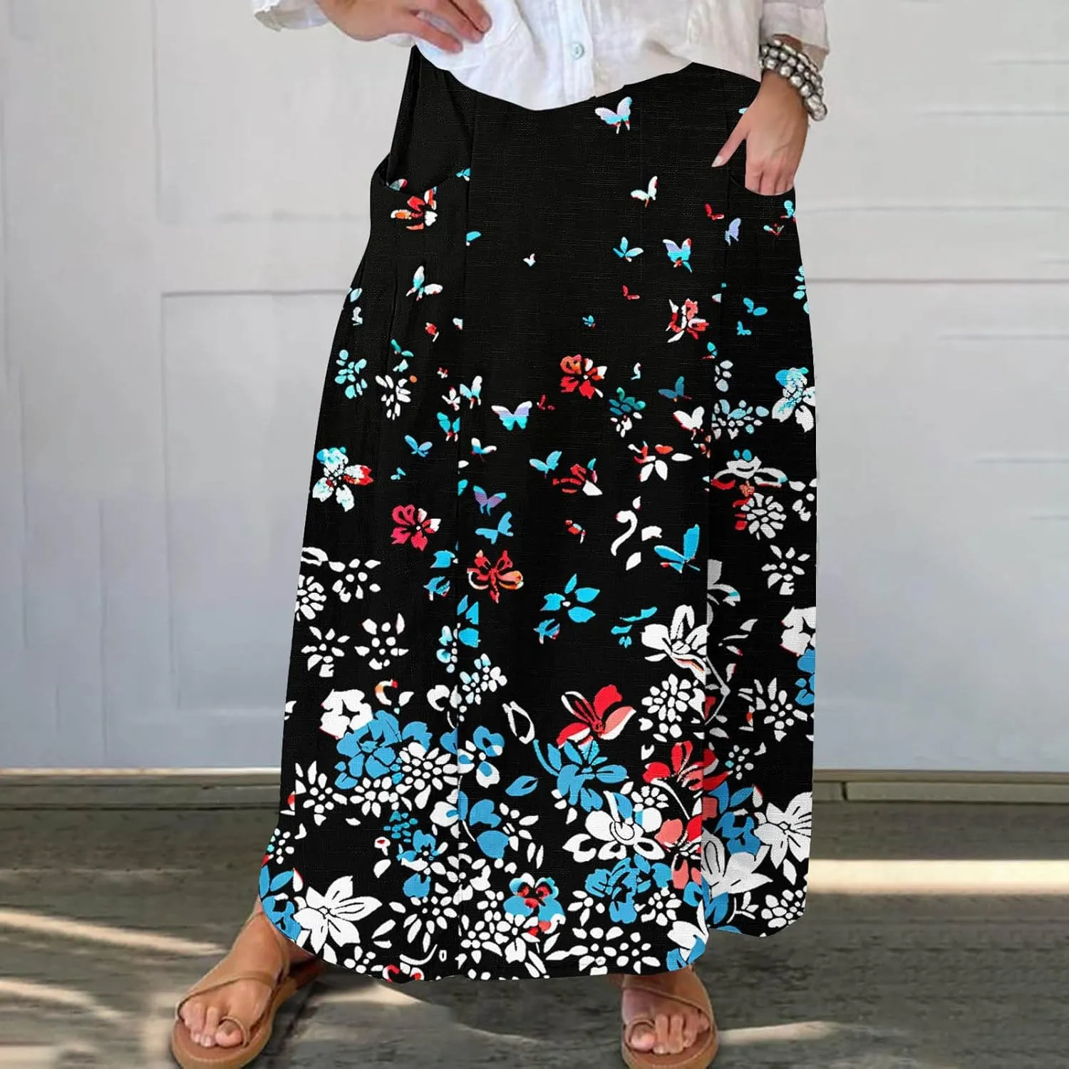 Maxi Skirts for Women Summer Trendy Hawaiian Floral Long Skirt Casual Ruffle A Line Beach Midi Skirt with Pockets